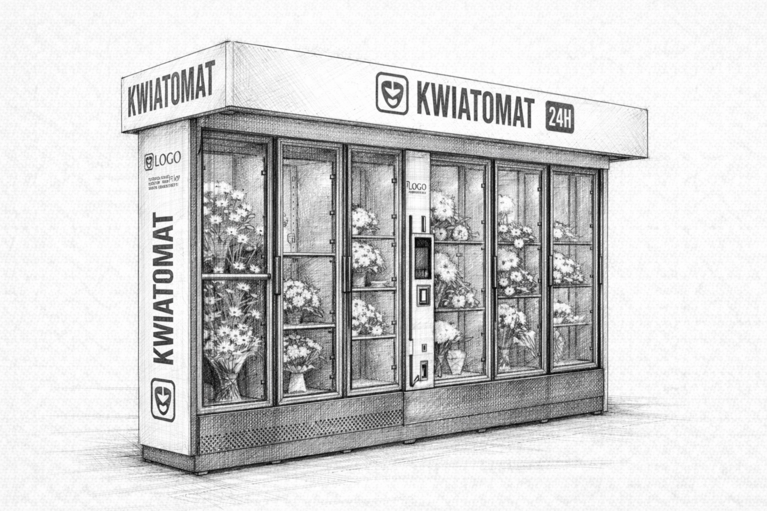 Pencil sketch of a flower vending machine with glass compartments displaying a diverse mix of bouquets, illustrating the future of automated flower sales in Europe.