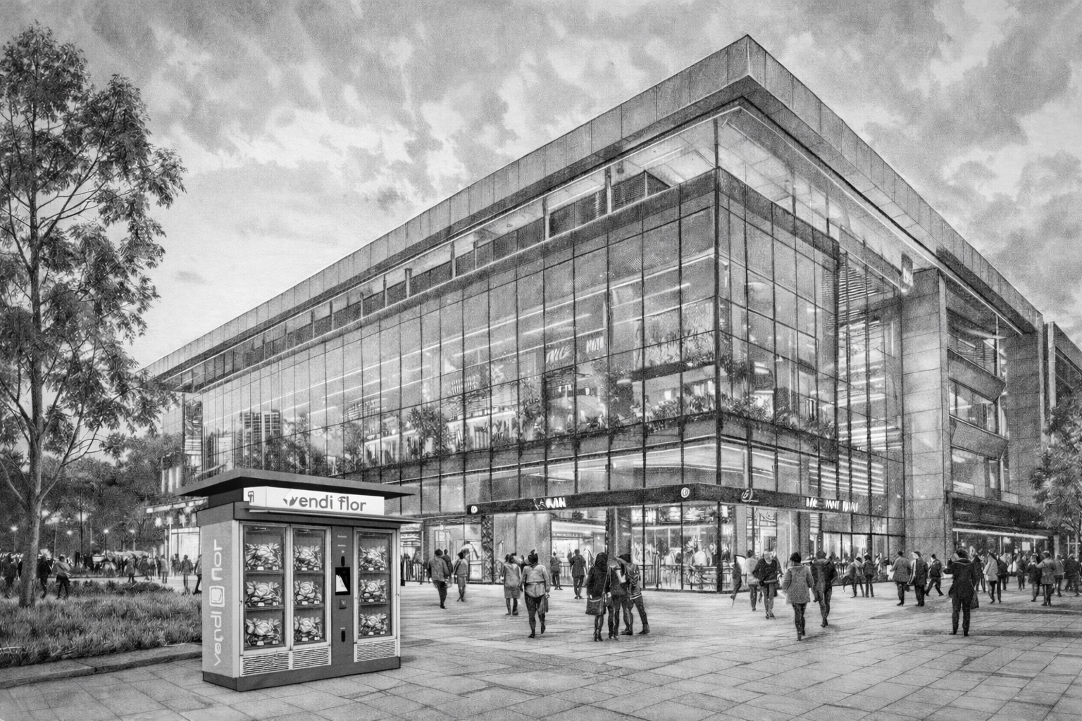 VendiFlor flower vending machine placed in front of a modern shopping centre in an urban space, illustrating the potential of a location for a flower vending installation.