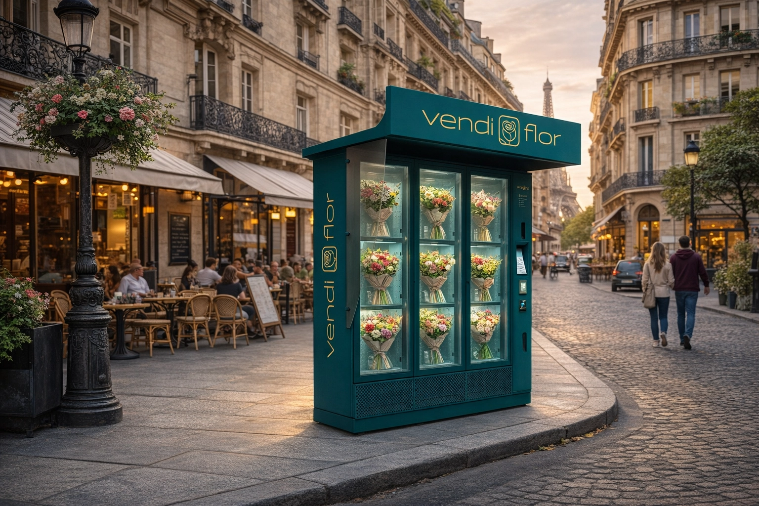 VendiFlor BouquetMat flower vending machine installed on a Paris street, combining modern floristry, franchising, and urban retail design.