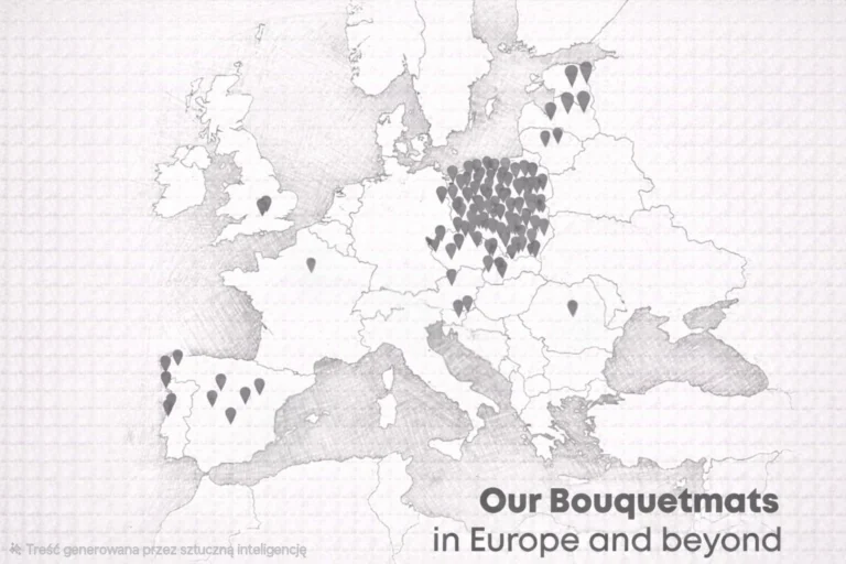 Map showing BouquetMat flower vending machines installed across Europe, illustrating international growth and network expansion.