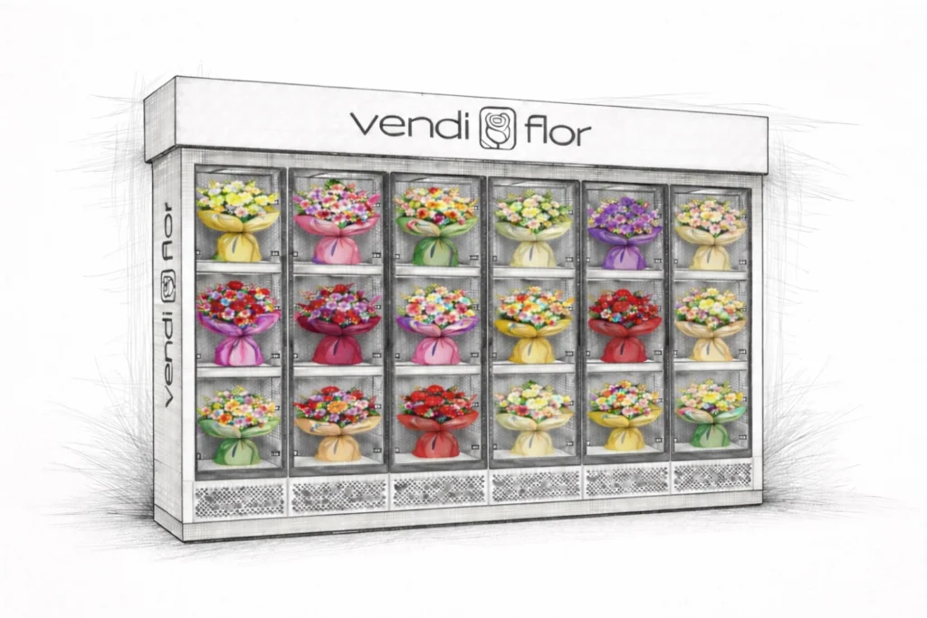 Random bouquet display in a flower vending machine causing color chaos and poor offer readability