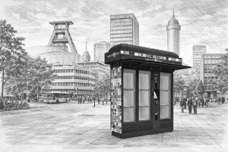 Pencil-style illustration of a BouquetMat flower vending machine set in Essen, Germany, symbolising the expansion of VendiFlor and automated flower sales on the German market.