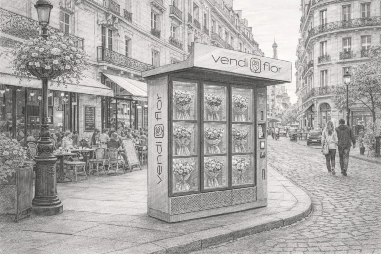 VendiFlor BouquetMat on a Parisian street &ndash; a real-life example of modern floristry and a proven franchise model for the flower business.