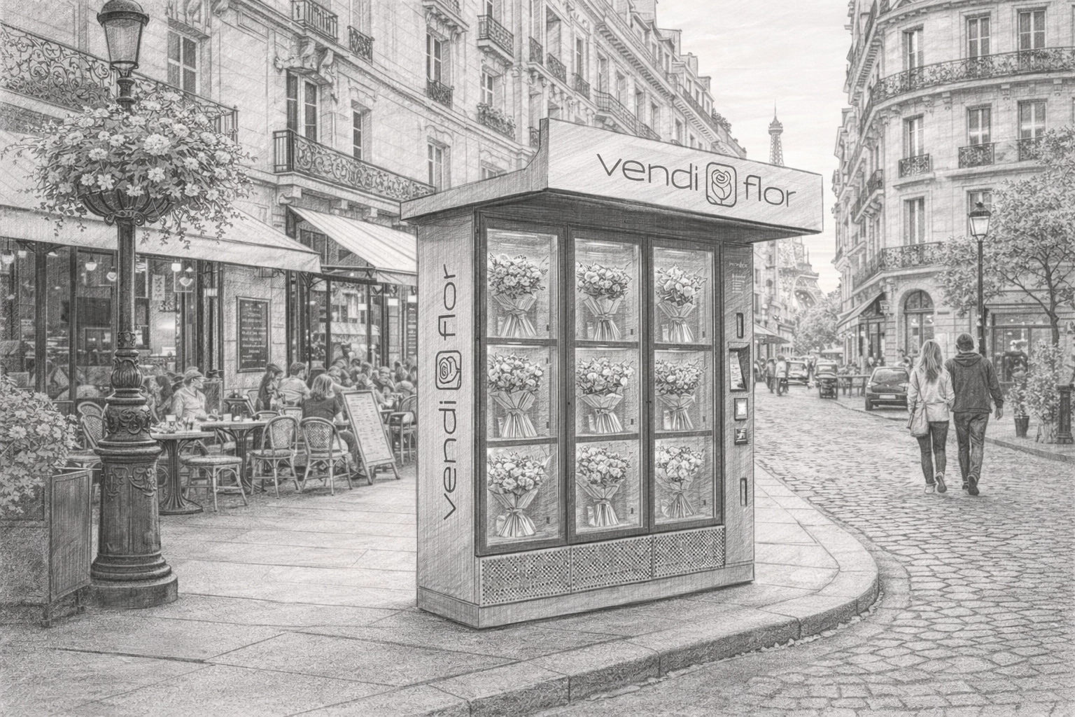 VendiFlor BouquetMat on a Parisian street &ndash; a real-life example of modern floristry and a proven franchise model for the flower business.