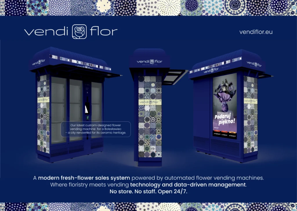 Promotional illustration presenting VendiFlor automated flower vending machines in multiple views, highlighting their distinctive City Series design inspired by European craftsmanship. The graphic reflects the VendiFlor franchise concept as a modern flower retail system combining floristry, vending technology and data-driven management. It symbolises the brand’s readiness to support local florist businesses and enter high-potential European markets, including Germany, with a scalable and innovative sales model.