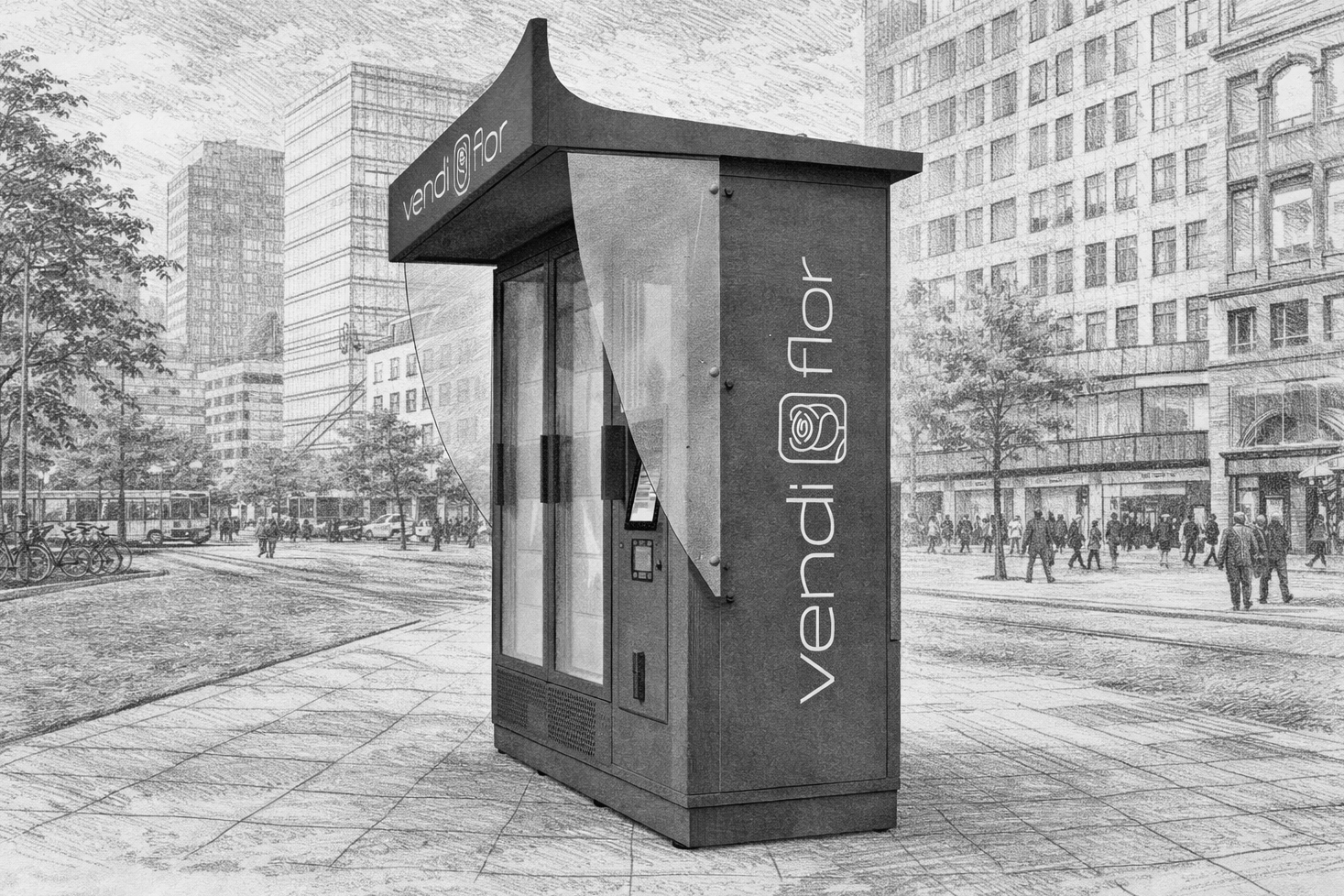 VendiFlor flower vending machine in an urban setting – pencil illustration representing a 24/7 franchise flower business model