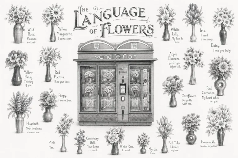 Vintage-style illustration of the language of flowers with a red VendiFlor flower vending machine surrounded by symbolic floral arrangements and meanings