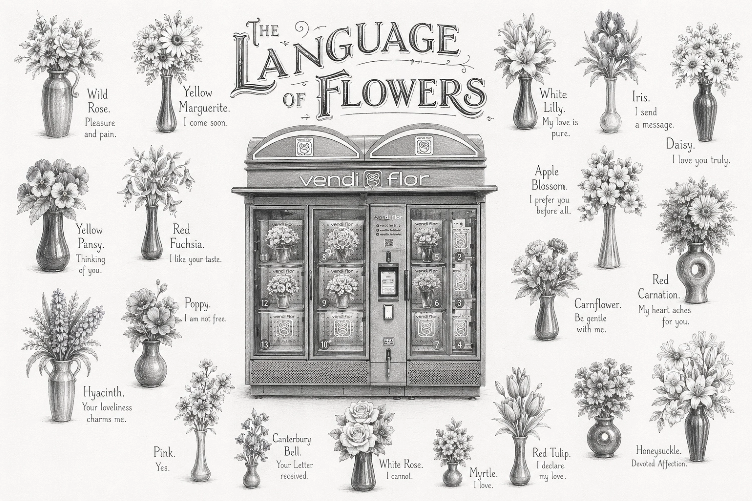 Vintage-style illustration of the language of flowers with a red VendiFlor flower vending machine surrounded by symbolic floral arrangements and meanings